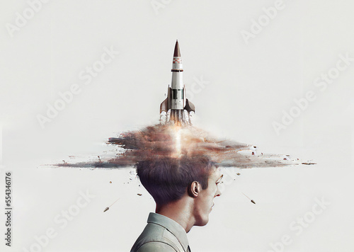 Generative AI: visual metaphor of rocket science as a result of critical thinking in the human brain. Rocket launching out of man's head. (ID: 554346176)