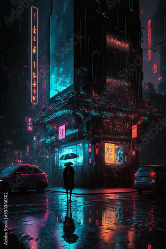 cyber city in the night rain - Generative AI