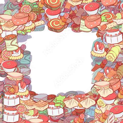 Background pattern abstract design texture. Snacks. Border frame, transparent background. Theme is about bacon, sweet, covered, rice, strung up, mini cake, jelly, cheese, biscuit, twisted