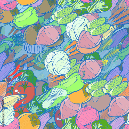 Background pattern abstract design texture. Seamless. Health food. Theme is about egg, vitamin C, dye, Chinese cabbage, garlic head, cob, head of cab, satisfying, bitter, whole onion, nutritious