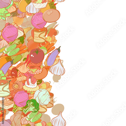 Background pattern abstract design texture. Health food and Snacks. Vertical seamless stripe. Border frame, transparent background. Theme is about vitamins, Khinkali, cabbage, jelly, salmon