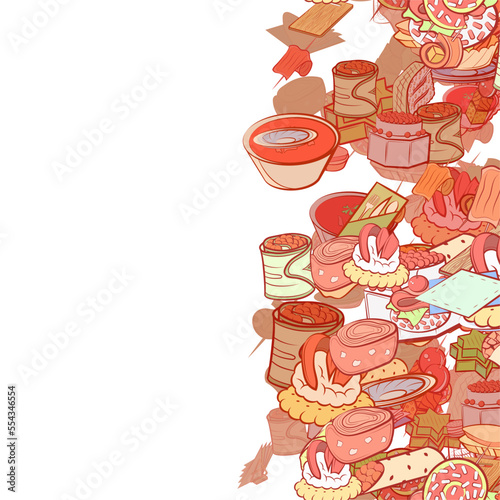 Background pattern abstract design texture. Table setting and Snacks. Vertical seamless stripe. Border frame, transparent background. Theme is about pepper pot, marshmallows, spiral, caviar