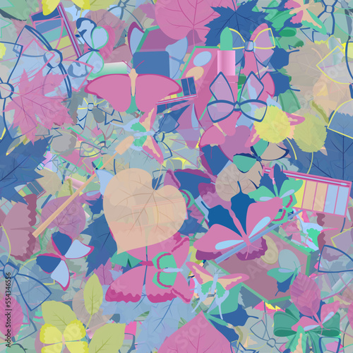 Background pattern abstract design texture. Seamless. Theme is about silhouette, wing, apple, tones, cosmetics, spring, beauty, decoration, tropical, greenery, embellishment, powder, brush