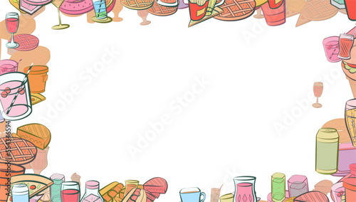 Background pattern abstract design texture. Drinks and American food. Border frame, transparent background. Theme is about compote, plastic, cola, cut, Cup, citrus, piece, cutlet, coffee