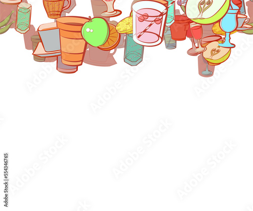 Background pattern abstract design texture. Fruits and Drinks. Horizontal seamless stripe. Border frame, transparent background. Theme is about wineglass, cardboard, grapes, cocktail, whole