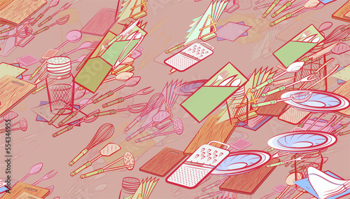 Background pattern abstract design texture. Seamless. Table setting and Cutlery. Theme is about grater, scooped, meat fork, squares, potato peeler, forceps, whisk, napkins, container, folded