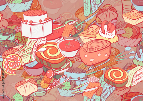 Background pattern abstract design texture. Seamless. Snacks and Cutlery. Theme is about whisk, pancake, caramel, holes, meat fork, ladle, sandwich, tartlet, scoop, stuffed cabbage, masher