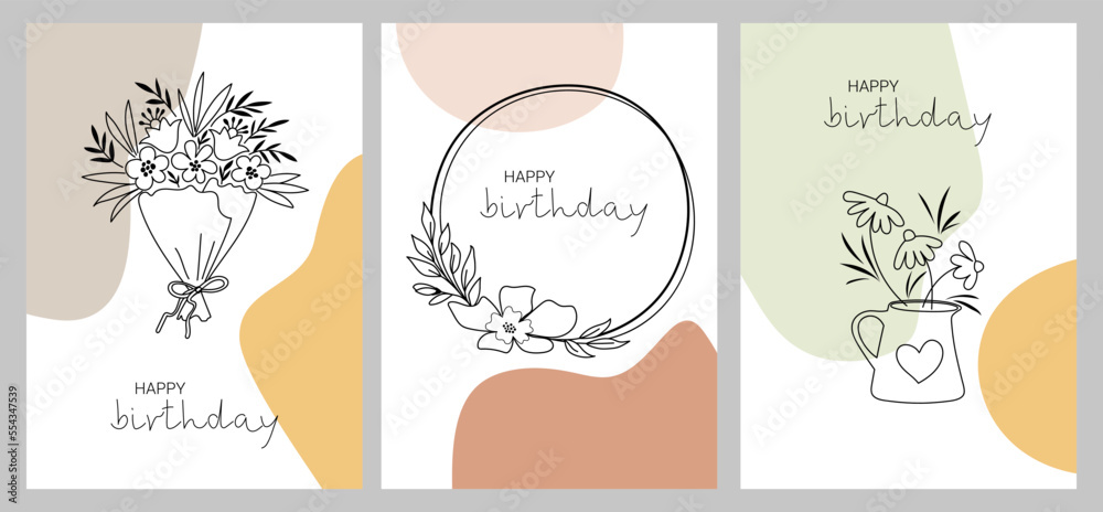 Happy birthday! A set of greeting cards with flowers and plants. Botanical doodle-style design with space for text. For wedding invitations, blogs, frames, labels. Botanical rustic design.