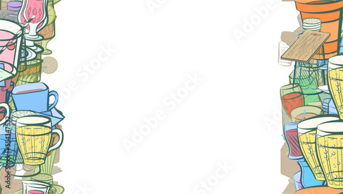 Background pattern abstract design texture. Drinks and Table setting. Vertical seamless stripes. Border frame, transparent background. Theme is about container, Martini, cutting board, cardboard