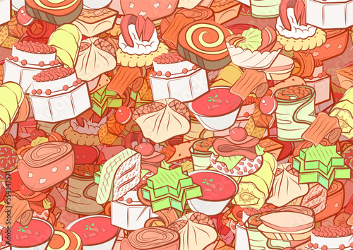 Background pattern abstract design texture. Seamless. Snacks. Theme is about cake, star, cherry, rice, onigiri, roll, fish, covered, sugar, spiral, jelly, sweetness, meat, cream, filling
