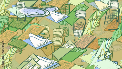 Background pattern abstract design texture. Seamless. Table setting. Theme is about plate, napkin, cutting board, napkins, tree, napkin holder, knife, pepper pot, fork, cloth napkin, board