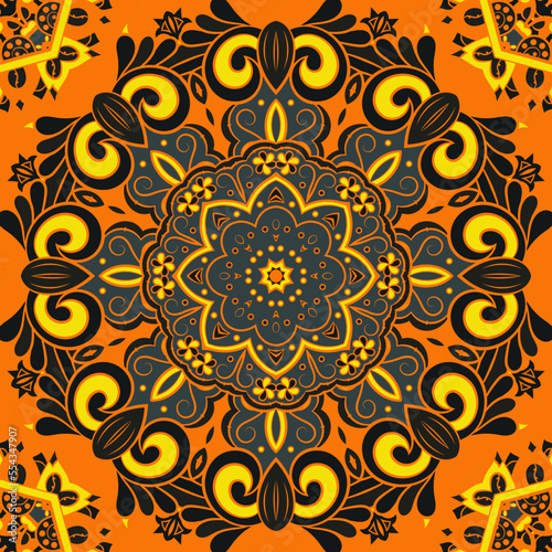 Seamless tile texture. Tracery mehndi design image. Dark toxic colors. Ethnic doodle art. Curved doodling picture. Vector