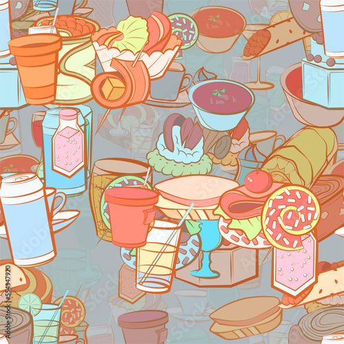 Background pattern abstract design texture. Seamless. Snacks and Drinks. Theme is about cardboard, tartlet, cucumber roll, slice, saucer, six-pointed, alcohol, crab meat, stuffed cabbage