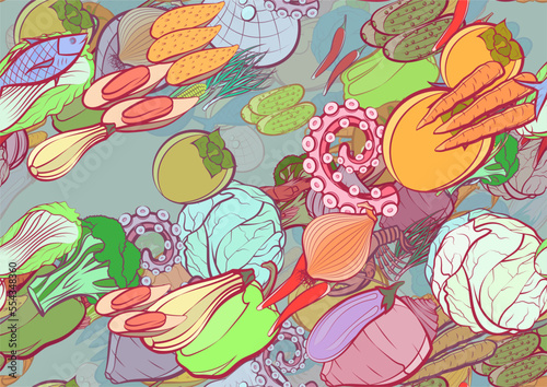 Background pattern abstract design texture. Seamless. Seafood and Health food. Theme is about vegetables, tomato, crab, solid, nutritious, onion feathers, vitamin C, spring onions, the harvest