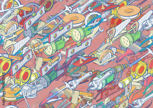 Background pattern abstract design texture. Seamless. Repair and Building tools. Theme is about segmented, forceful effect, lamp, stationary, wedge, carpenter, sledgehammer, spinning, repairs