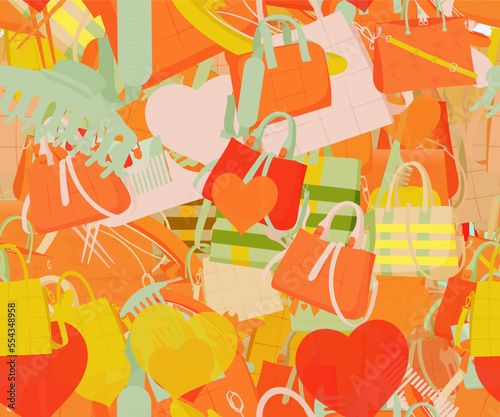 Background pattern abstract design texture. Seamless. Theme is about personal, purse, raker, stuff, beauty, accessories, Laptop Backpack, girl, lady, bobby pin, hearts, romance, buckle, businesswoman