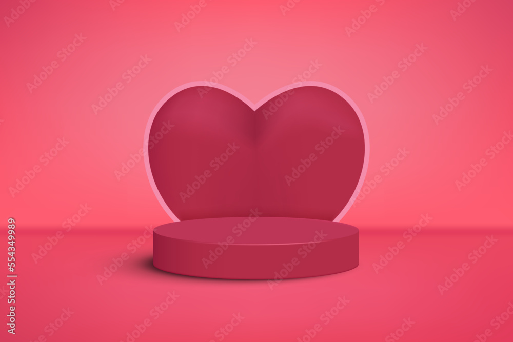 Happy valentines day and stage 3d podium with shape 3d heart on pink background