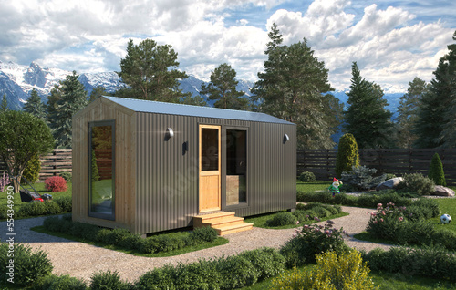 3D image of a modern small wooden house in the Scandinavian style barnhouse, with a metal roof in the middle of the forest. Against the backdrop of a pine and spruce forest, beautiful sky and mountain
