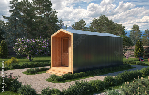 3D image of a modern small wooden house in the Scandinavian style barnhouse, with a metal roof in the middle of the forest. Against the backdrop of a pine and spruce forest, beautiful sky and mountain