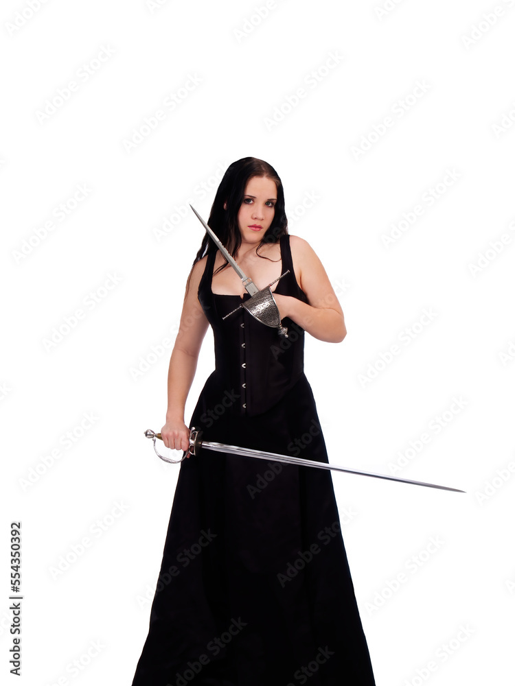 Caucasian Woman In Black Dress And Corset With Dagger And Sword Caucasian Woman In Black Dress And Corset With Dagger And Sword
