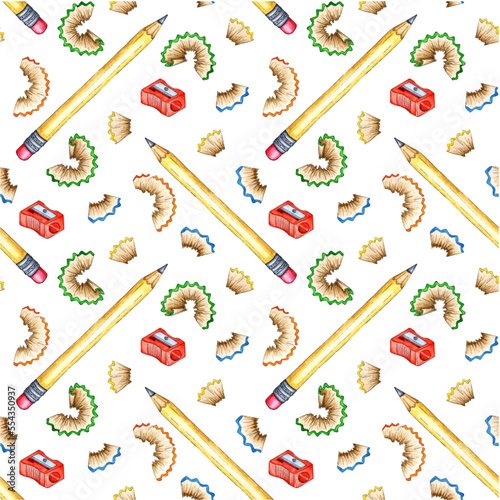 Watercolor illustration pattern of a simple pencil, chisel and red sharpener. Draw, sharpen and take notes. "Back to School" Writing supplies for posters, posters, postcards, holiday decor. Isolated 