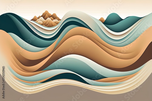 picture of waves in landscape orientation Colorful, modern wave design in sandy brown, cadet blue, and pastel brown Generative AI