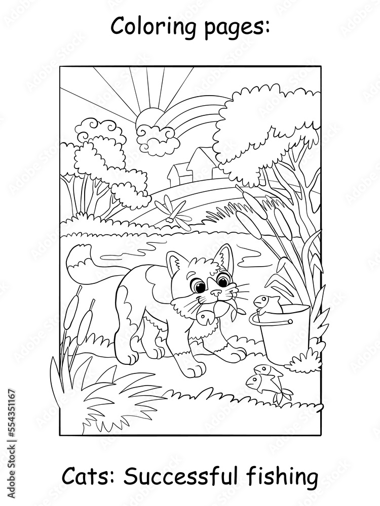 Cute kitten fishing at the river kids coloring book page