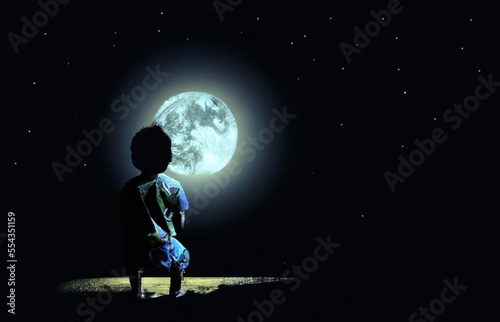 A lonely boy sitting alone looking at the moon in the night sky with the stars at night. Generative AI