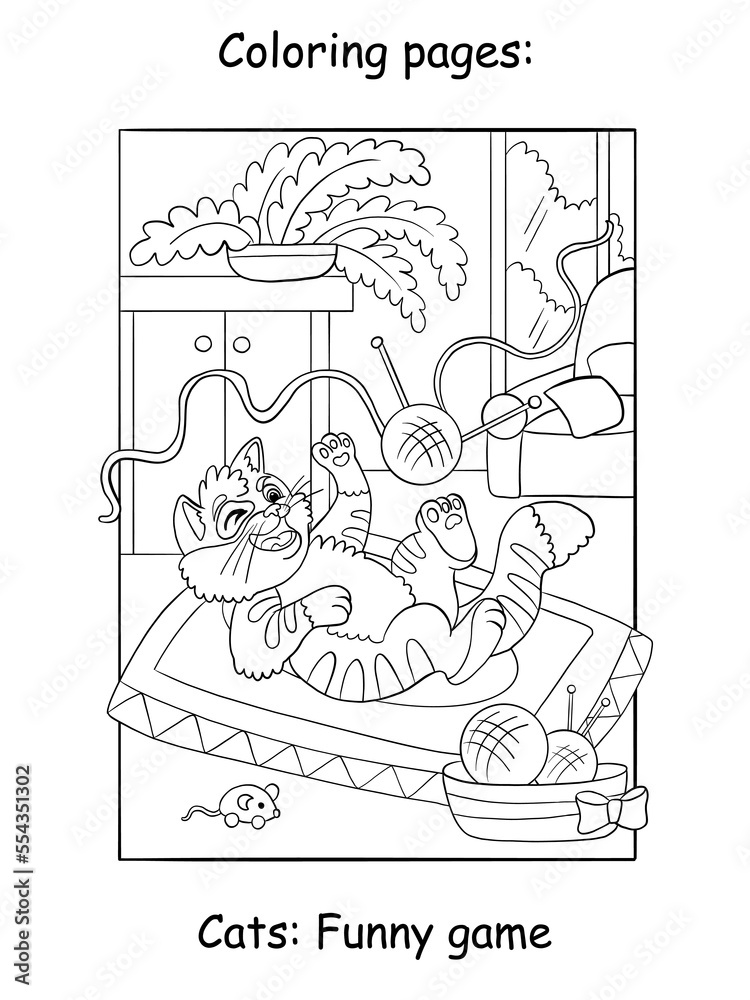 Cute playing kitten kids coloring book page