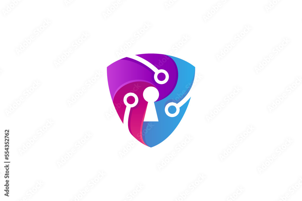 shield logo with lock symbol combination with technology icons in colorful gradations
