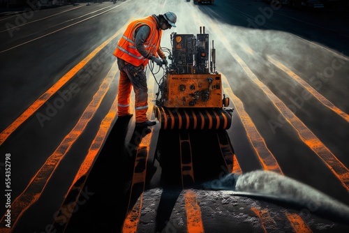 Workers in the city utilize hot melt scribing equipment to paint lane divisions on the asphalt roads. Generative AI