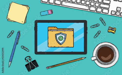 Graphic of the antivirus shield along with a green checkmark on tablet screen. Vector hand drawn illustration.