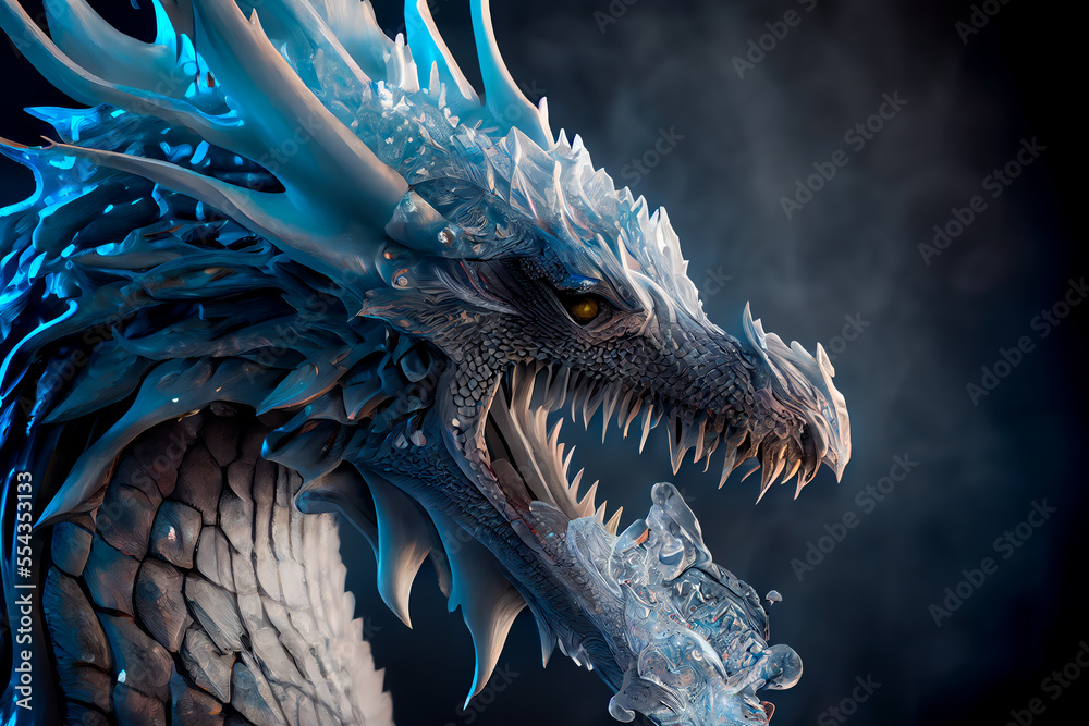 Ice Dragon head in frozen lands Fantasy art. Generative AI Stock ...