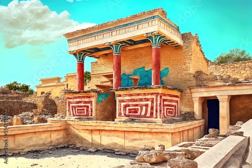 Located on the Greek island of Crete, the palace of Knossos is a UNESCO World Heritage Site. In this detail, the ancient remains of the Minoan palace at Knossos may be seen. Generative AI