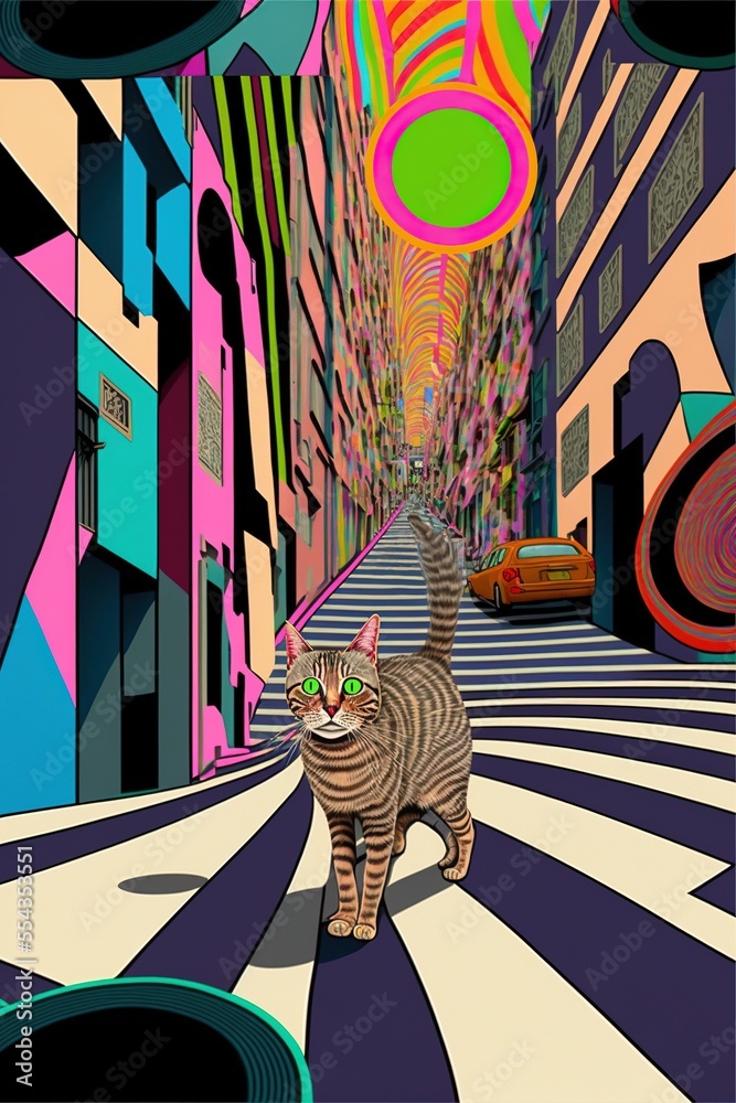 A stray cat in a busy street as op-art illustration made with Generative AI
