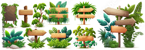 Wooden signboards in jungle. Wood board with tropic leaves, moss and liana plants for game ui. Jungle wood banner,, wooden pointing in green leaves. Vector illustration on white background	