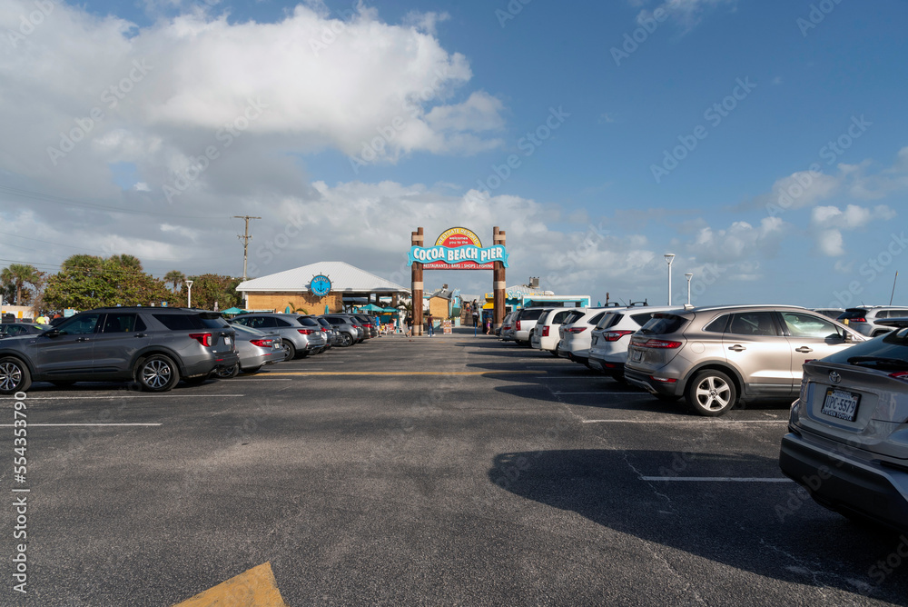 Cocoa Beach, Florida, USA. 2022. Parking area and entrance to tourist