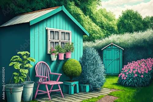 Leinwand Poster Outside in the English countryside on a sunny summer day is a blue-painted wooden shed perfect for storing gardening equipment beside the grass, flower pots, and pink deck chairs