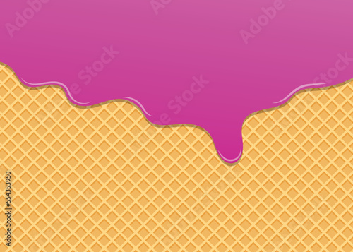 Melted strawberry cream on waffle background sweet ice cream background vector.