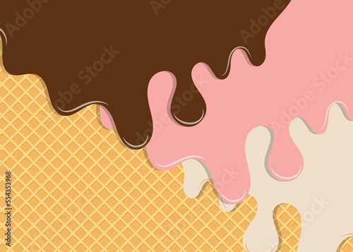 Chocolate Ice Cream with Strawberry and Vanilla Melt On Waffle background sweet ice cream background vector.