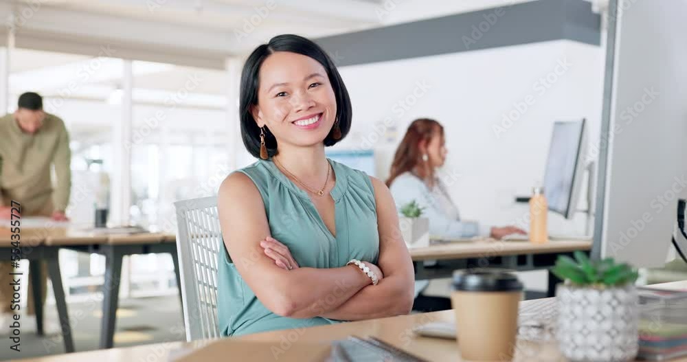 Success, office and Asian business woman at desk with crossed arms, confident and leadership. Corporate, startup and female entrepreneur portrait with vision, ideas and planning in creative workplace Success, office and Asian business woman at desk with crossed arms, confident and leadership. Corporate, startup and female entrepreneur portrait with vision, ideas and planning in creative workplace