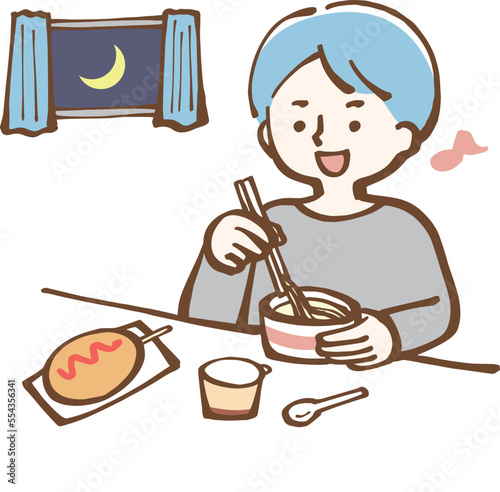 夜食を食べる男性　イラスト