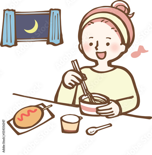 夜食を食べる女性　イラスト