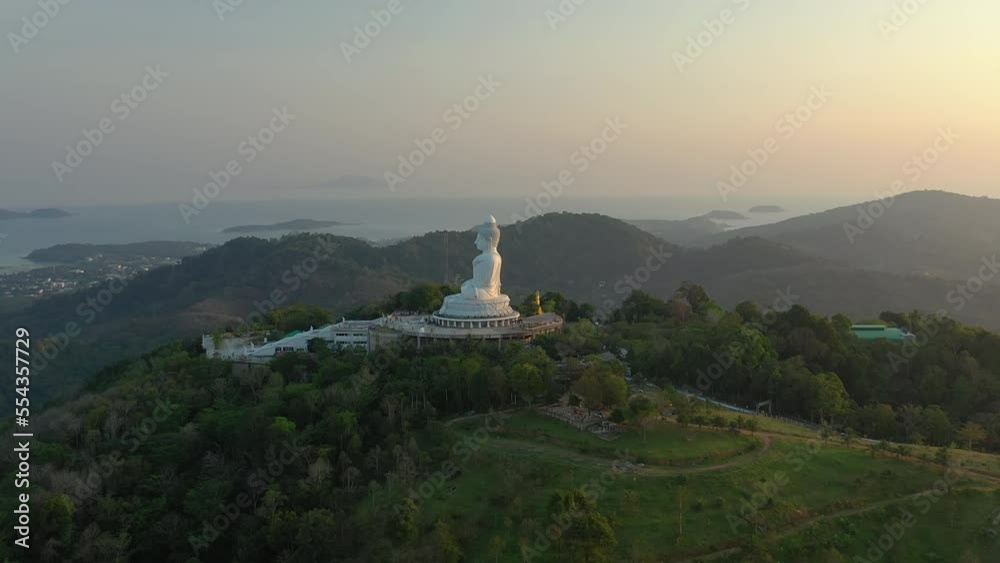 sunset time phuket island famous big buddha mountain top bay aerial panorama 4k thailand sunset time phuket island famous big buddha mountain top bay aerial panorama 4k thailand
