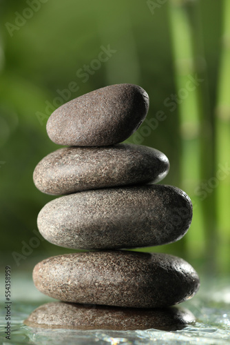 Stacked stones on water surface against bamboo stems and green leaves, closeup