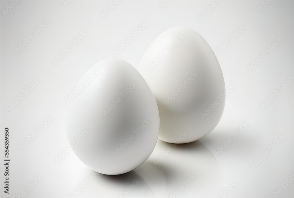 Isolated white eggs on a white backdrop. Generative AI Isolated white eggs on a white backdrop. Generative AI