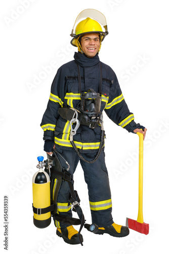 Full body young smiling African American man in uniform of fireman with breathing air cylinder apparatus and full facepiece respirator, and axe in hand. Isolated on white background