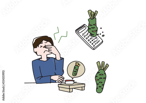 わさびのイラストとワサビを食べてツーンとしている男性のセット