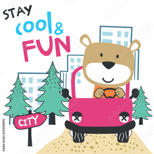 Vector illustration of funy animal driving the blue car. Funny background cartoon style for kids. Little adventure with animals on the road for nursery design  cartoon tshirt art design.