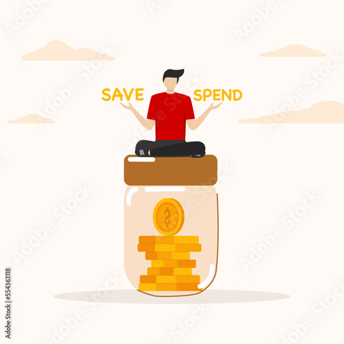 People hesitate to sit on savings balance options save or spend. Money decision, save or spend, choose to invest or pay off debt concept, financial options when receiving bonus or extra money.